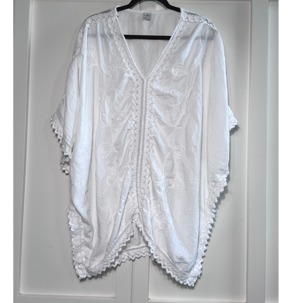 Blanco White Cotton Embroidered Swim Cover Up Crochet Trim Boho Kaftan Large